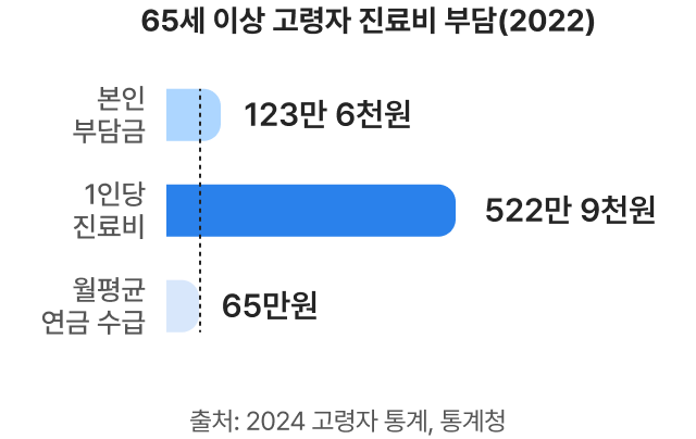65세 이상 고령자 진료비 부담(2022년) 1인 진료비 522만 9천원 중 본인부담금 123만 6천원, 월평균 연금 수급 65만원