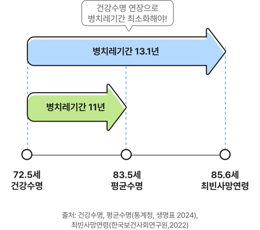2024 통계청 생명표에 따르면 건강수명 72.5세, 평균수명 83.5세로 병치레기간 11년이며, 2022년 한국보건사회연구원 최빈사망연령 기준으로는 72.5세 건강수명 기준으로 최빈사망연령은 85.6새로 병치레기간이 13.1년으로 건강수명 연장으로 병치레기간을 최소화해야함