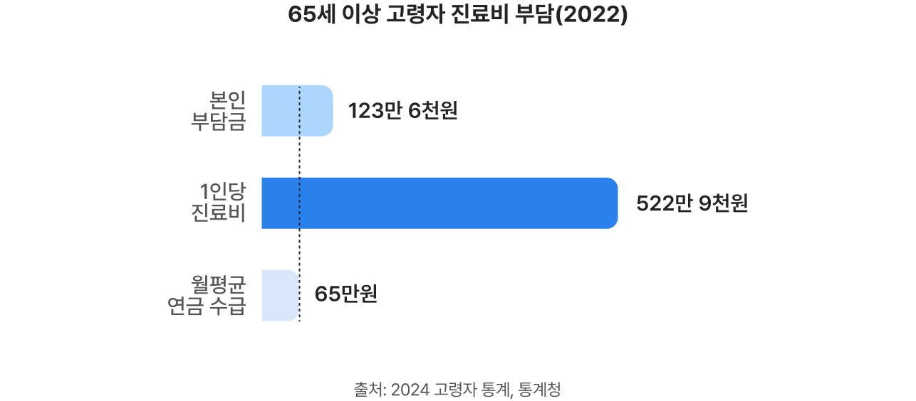 65세 이상 고령자 진료비 부담(2022년) 1인 진료비 522만 9천원 중 본인부담금 123만 6천원, 월평균 연금 수급 65만원
