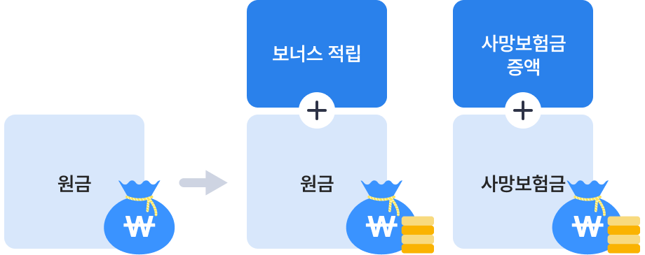유지보너스 적립 및 사망보장증액보너스로 사망보험금 증액, 원금에서 보너스 적립을 통해 증액되는 이미지