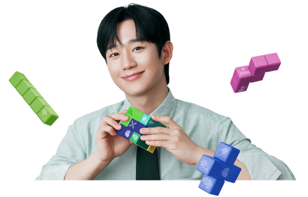 마이플랜건강보험 상품 컨셉에 맞게 광고모델 정해인이 퍼즐을 맞추고 있는이미지