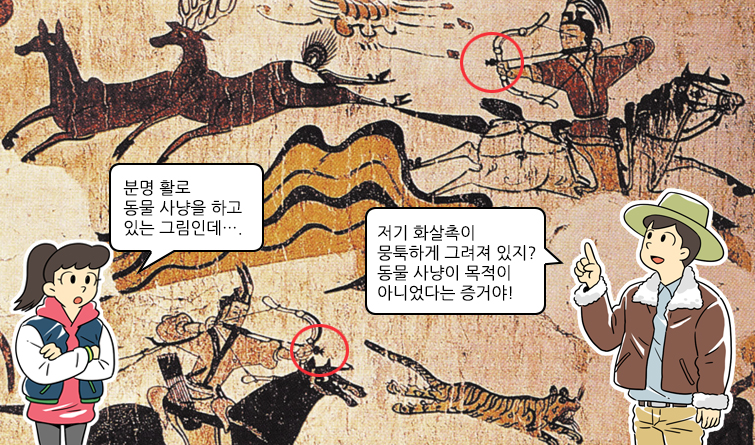 딸:분명 활로 동물 사냥을 하고 있는 그림인데..., 아빠:저기 화살촉이 뭉툭하게 그려져 있지? 동물 사냥이 목적이 아니었다는 증거야!